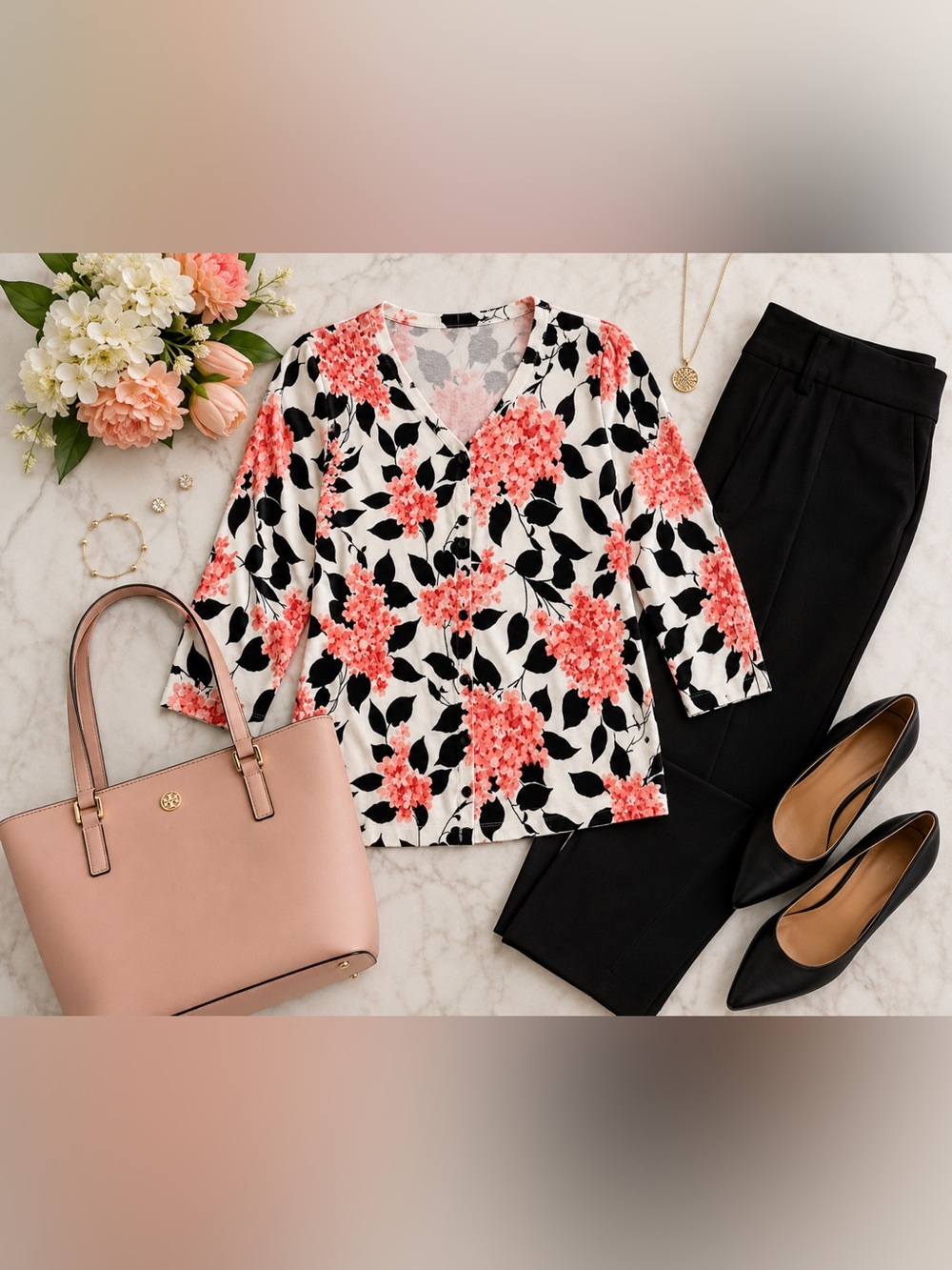 🌸 Talbots Pink Black & Ivory Floral Cardigan m